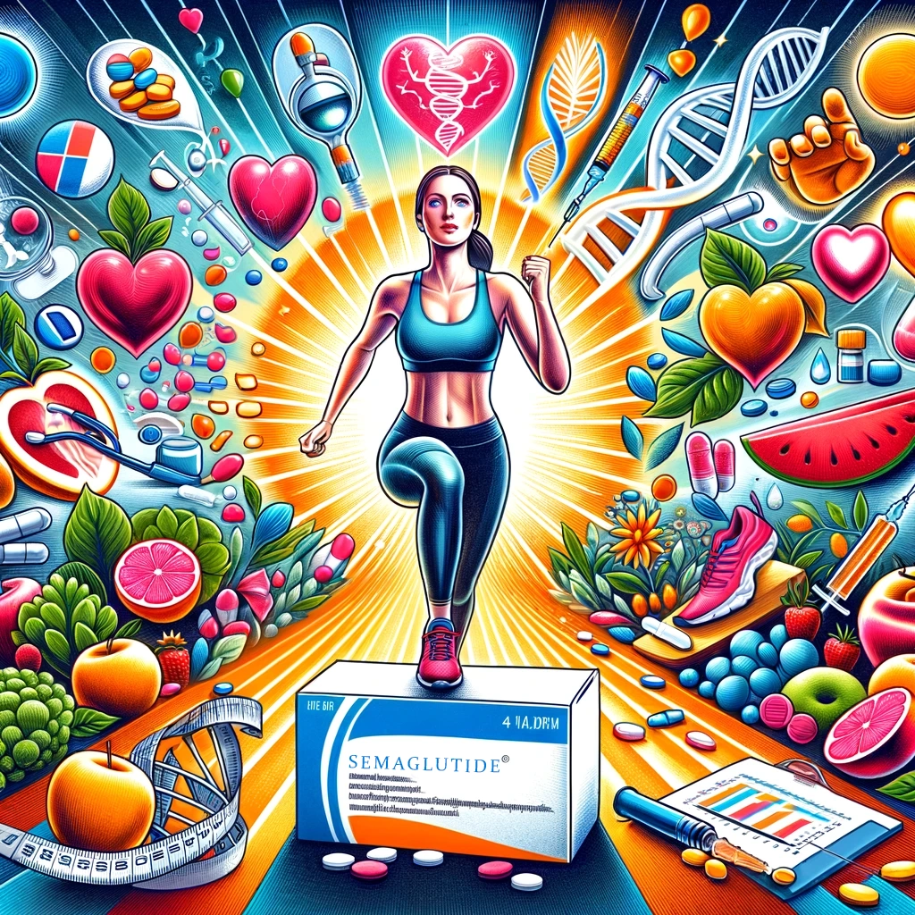 Illustration of an individual's journey to health, with a focus on holistic practices and Semaglutide, against a backdrop of fitness activities and healthy foods, without emphasizing any specific gender.