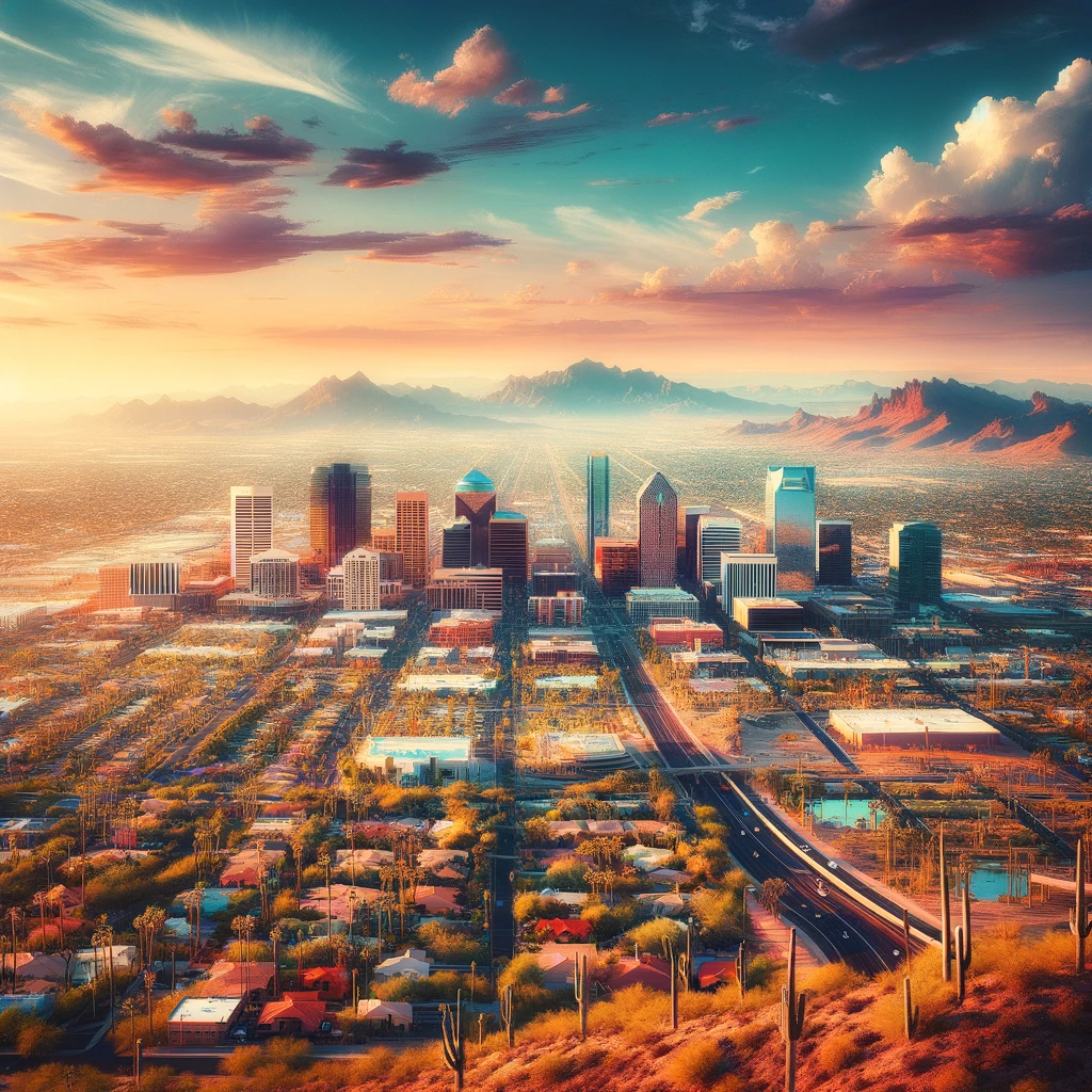 Dynamic view of Phoenix, Arizona, blending urban landmarks with natural scenery.